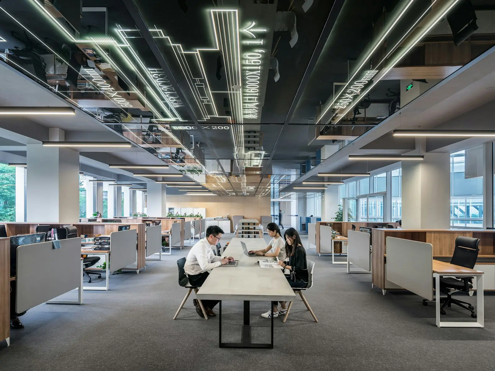 An open-plan office floor with rows of desks